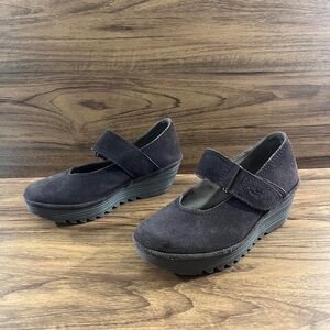 Fly London Womens 36 Robi Brown Suede Mary Jane Wedge Adjustable Strap 2" Lift